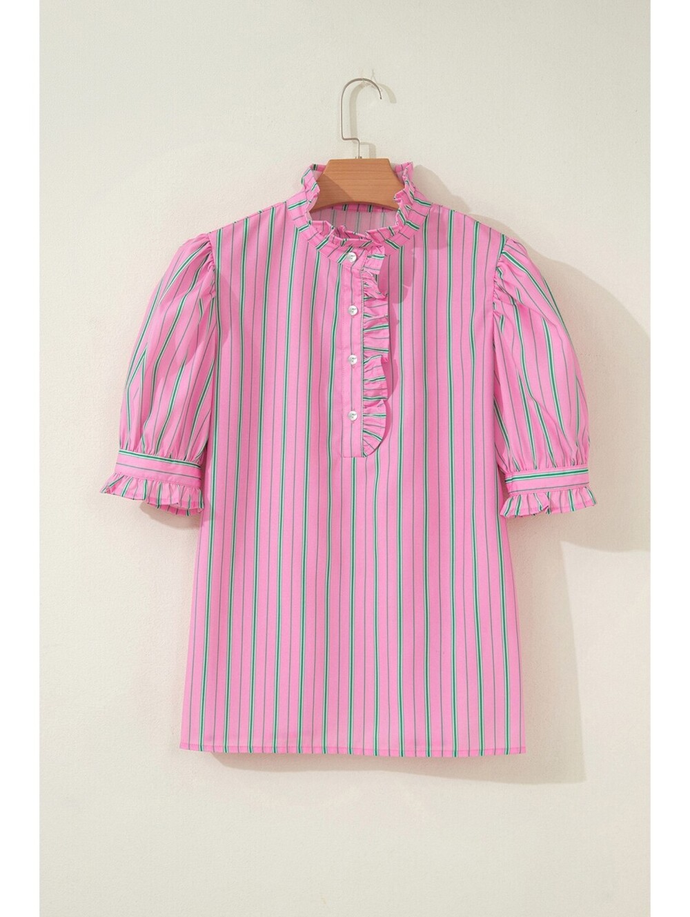 Pink Striped Ruffle Collar Button-Up Blouse - Picture 3 of 6